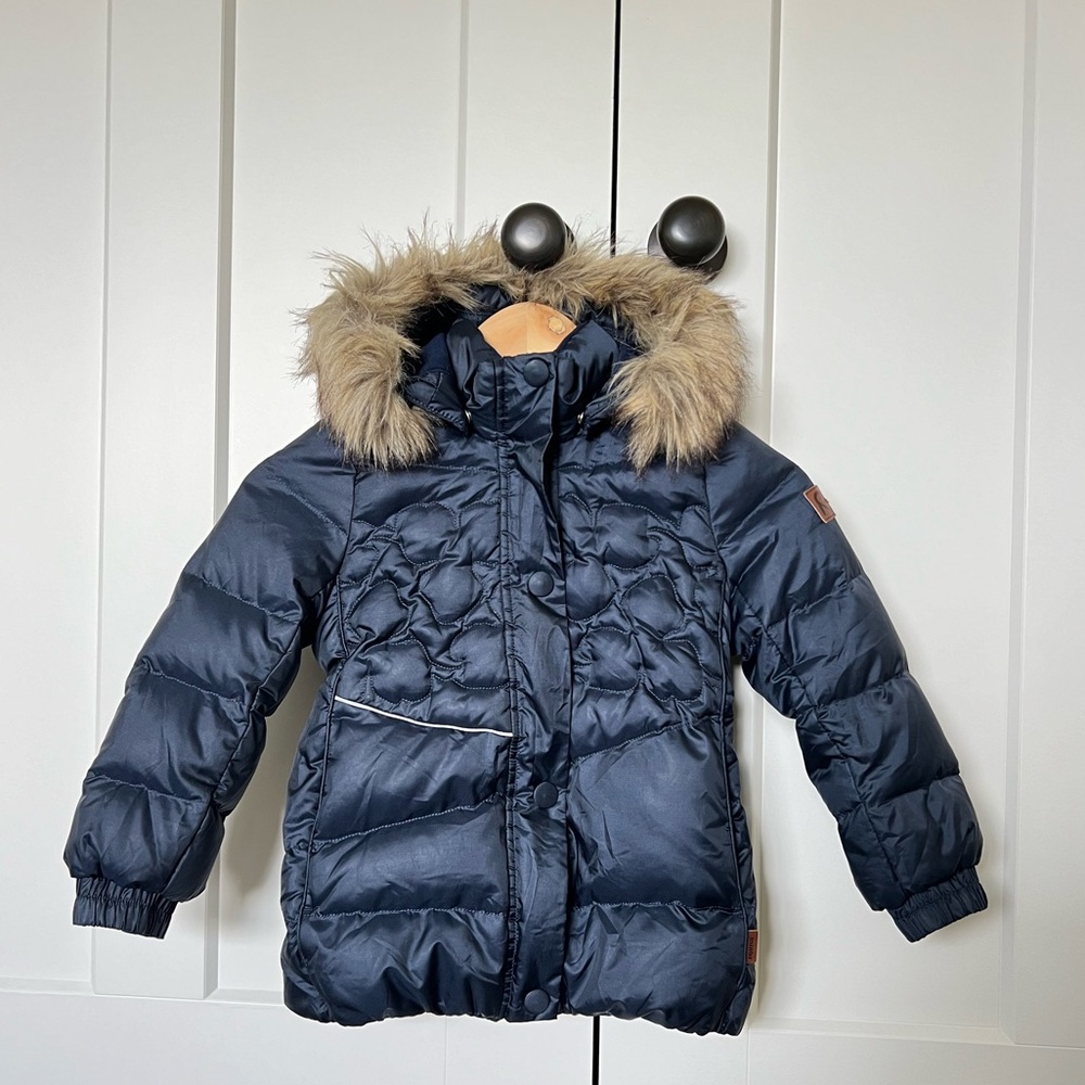 Kids Navy Puffer Jacket with Faux Fur Hood
